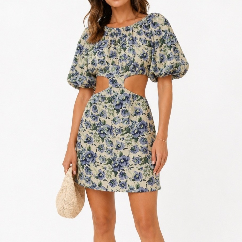 En Saison Mini Dress Women S Blue Floral Tapestry Cutout Puff Sleeve Cottagecore